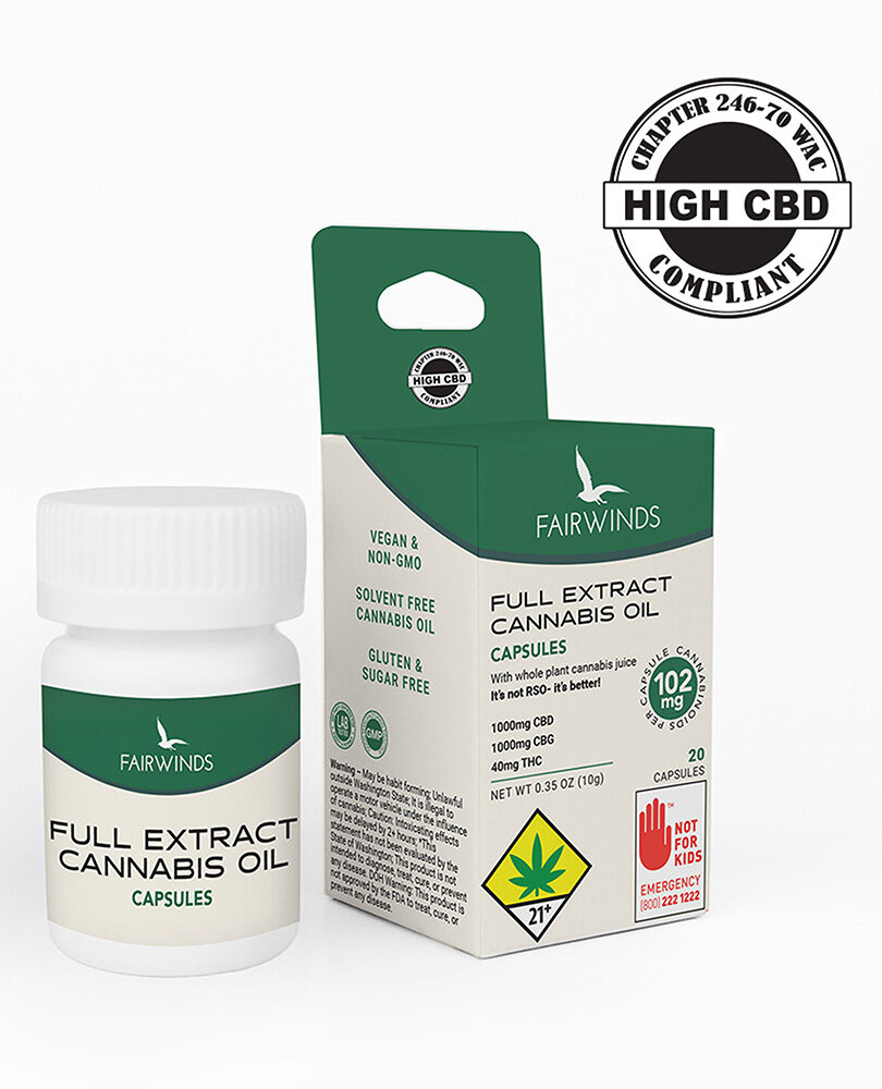 capsules, CBD capsules, THC capsules, wellness, cannabis capsules, weed capsules, edibles, gummies, THC, CBD, CBG, Washington, state, Fairwinds, cannabis, CBN, FECO, full extraction cannabis oil, best seller, top seller, cancer treatment