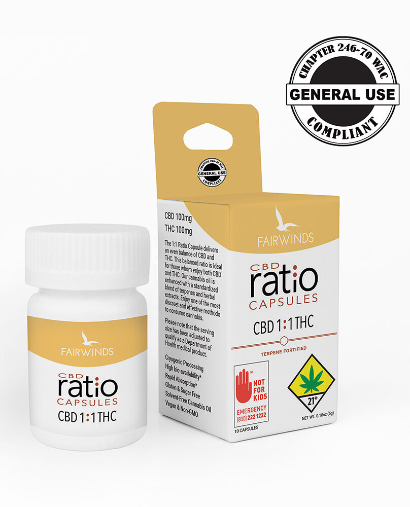 capsules, CBD capsules, THC capsules, wellness, cannabis capsules, weed capsules, edibles, gummies, THC, CBD, CBG, Washington, state, Fairwinds, cannabis, Ratio capsules, 1:1