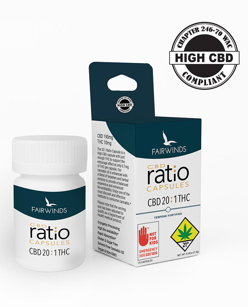 capsules, CBD capsules, THC capsules, wellness, cannabis capsules, weed capsules, edibles, gummies, THC, CBD, CBG, Washington, state, Fairwinds, cannabis, Ratio capsules, 20:1