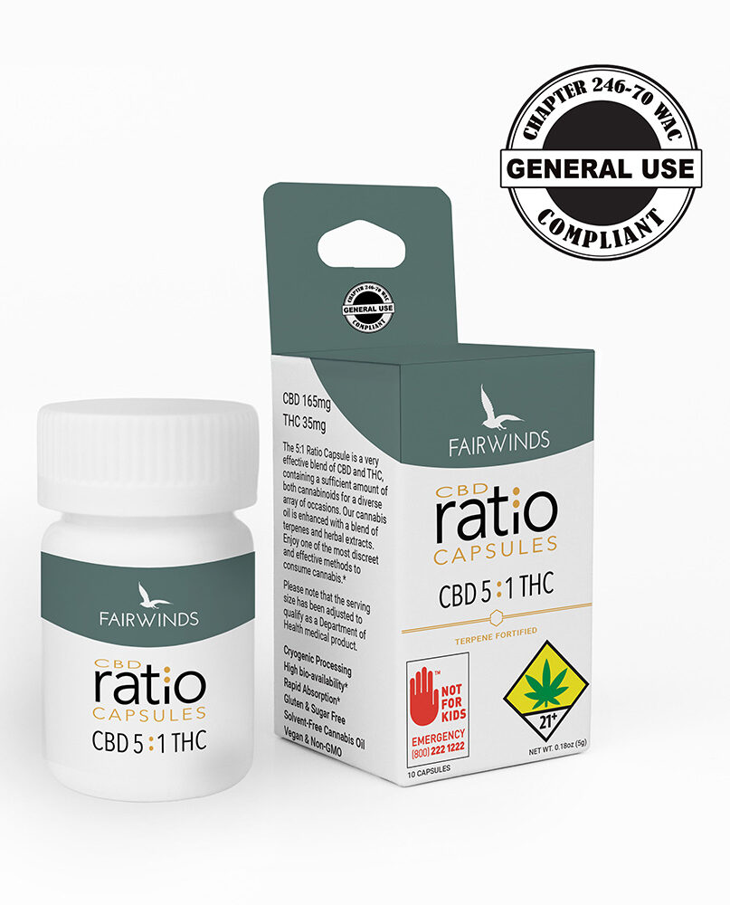capsules, CBD capsules, THC capsules, wellness, cannabis capsules, weed capsules, edibles, gummies, THC, CBD, CBG, Washington, state, Fairwinds, cannabis, Ratio capsules, 5:1